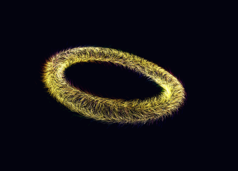 T(2,2.0) Hopf-link construction at q=2.0, alpha=0: the starting configuration with slight ansatz strain.
