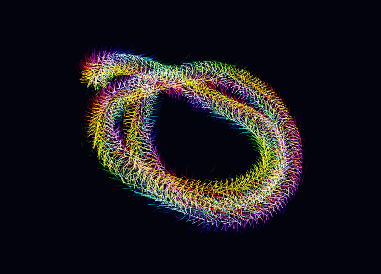 T(2,2.5) construction at q=2.5, alpha=0: the three-lobe trefoil structure is becoming geometrically visible.